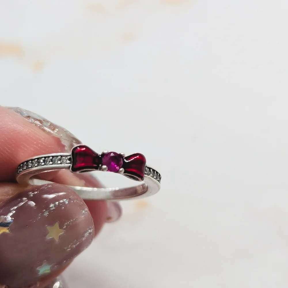 925 Sterling Silver Red Bow Ring Dainty Crystal Coquette Jewelry Size 6.5